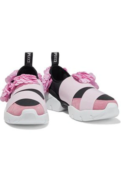Pucci Sequined Satin, Neoprene And Suede Slip-on Sneakers In Baby