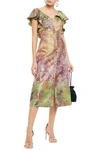 PETER PILOTTO RUFFLE-TRIMMED BUTTON-EMBELLISHED BROCADE MIDI DRESS,3074457345621439652