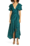 Tanya Taylor Clementine Ruffle Sleeve Silk Maxi Dress In Hunter Green