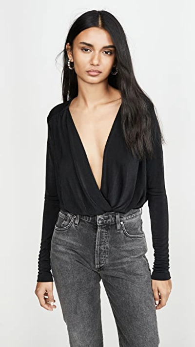 Free People Turnt Surplice-neck Bodysuit In Black