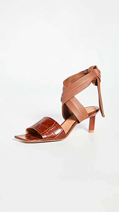 Ganni Smooth And Croc-effect Leather Sandals In Brown