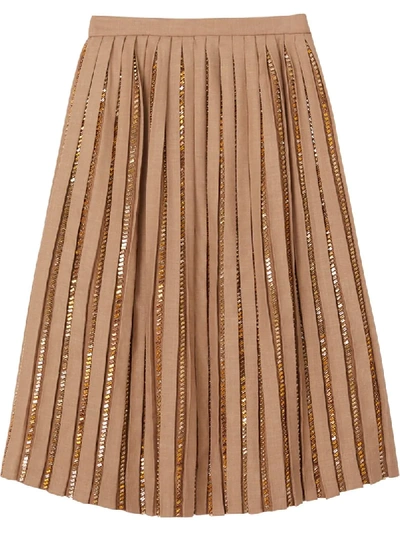 Burberry Crystal Detail Plissé Soleil Wool Silk Blend Skirt In Neutrals