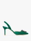 MANOLO BLAHNIK GREEN HANGISI 70 SATIN SLINGBACK PUMPS,419047314217801