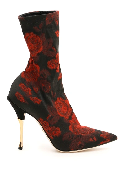Dolce & Gabbana Jacquard Roses Booties In Black,red