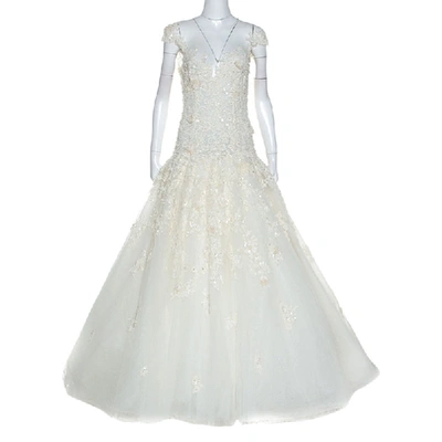 Pre-owned Zuhair Murad Mariage White Embroidered Embellished Tulle Wedding Gown M