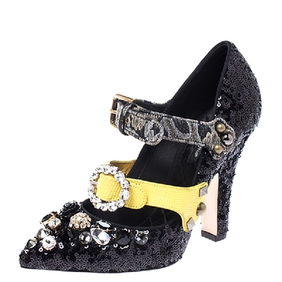 Pre-owned Dolce & Gabbana Black Sequins Embellished Buckle Strap Crystals Mary Jane Pumps Size 38.5