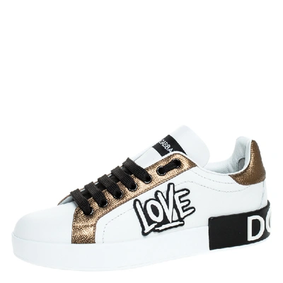Pre-owned Dolce & Gabbana Dolce And Gabbana White/gold Leather Portofino Low Top Sneakers Size 40
