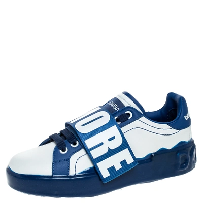 Pre-owned Dolce & Gabbana Blue/white Elastic Logo Leather Melt Portofino Sneakers Size 37