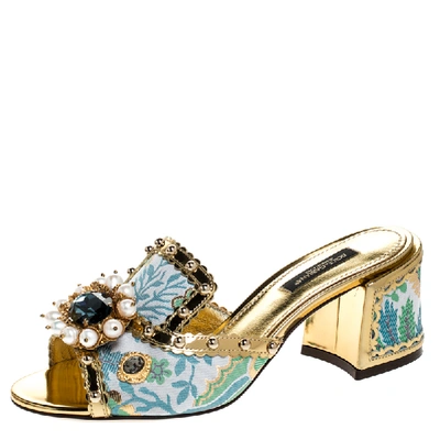 Pre-owned Dolce & Gabbana Multicolor Brocade Fabric And Patent Leather Trim Crystal Embellished Open Toe Sandals Size 36.5