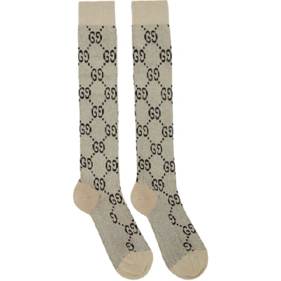 Gucci Off-white & Gold Lamé Gg Socks In Beige