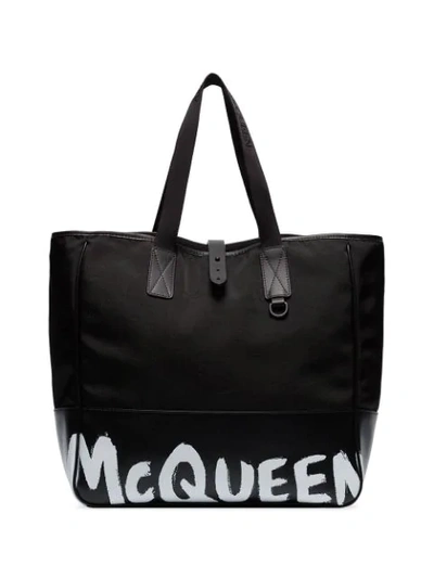 Alexander Mcqueen Black Shopper 35 Logo Tote Bag