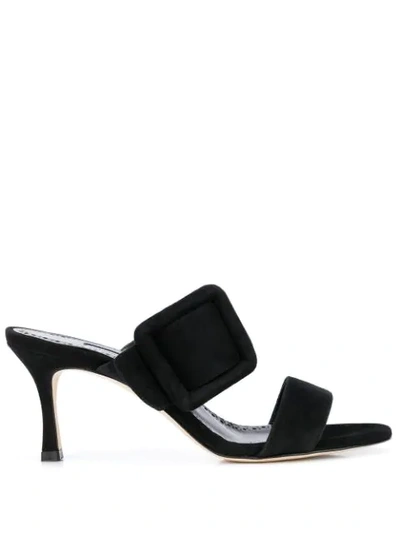 Manolo Blahnik Gable Suede Buckle Slide Sandals In Black Suede