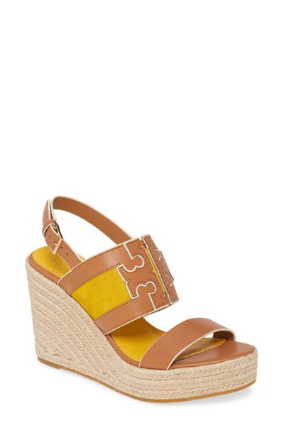 Tory Burch Two-tone Leather And Suede Espadrille Wedge Sandals In Yellow