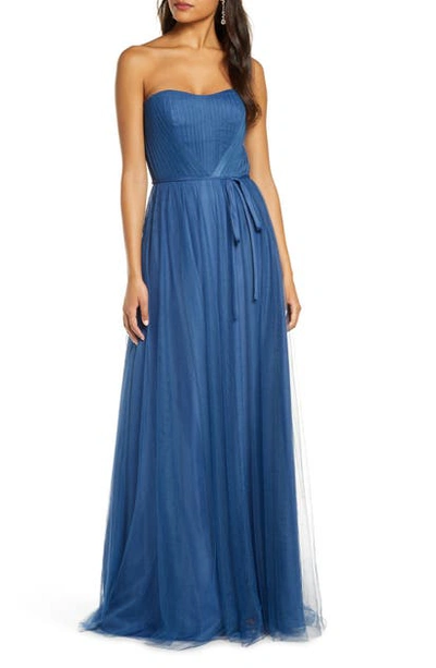 Marchesa Notte Strapless Tulle A-line Gown In Dusty Blue
