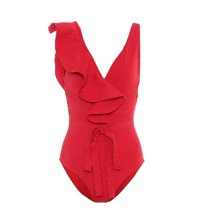Johanna Ortiz Cerca De La Bahia Belted Ruffle One-piece Swimsuit In Red