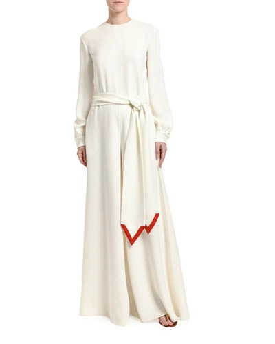 Valentino Belted Silk-cady Wide-leg Jumpsuit In Ivory/red