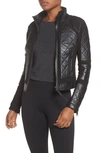 Blanc Noir Quilted Snake Embossed Faux Patent Leather & Mesh Moto Jacket In Black