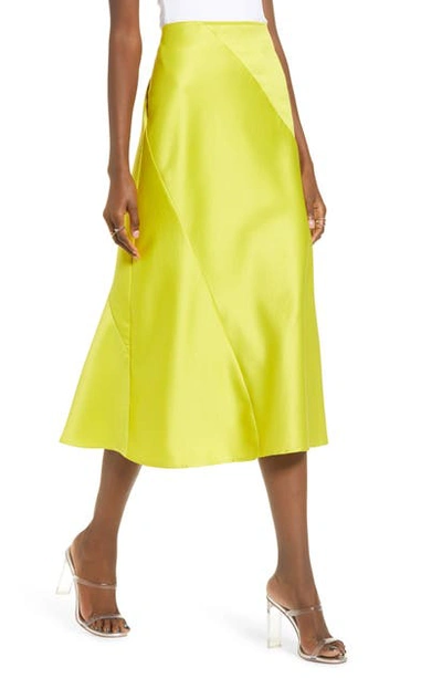 Joa Satin Bias Cut Midi Skirt In Lime