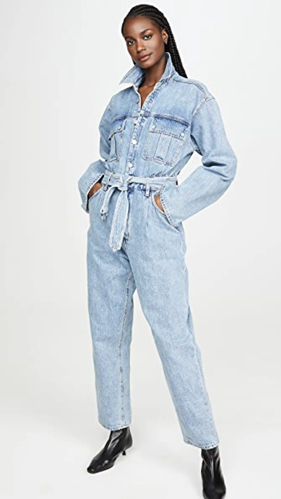 Agolde Tatum Long-sleeve Belted Denim Jumpsuit In Blue