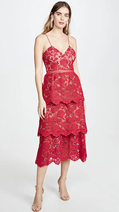 Self-portrait Tiered Floral Guipure-lace Dress In Red
