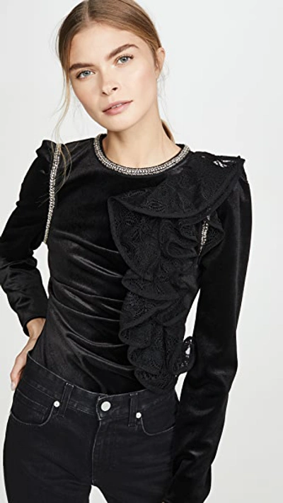 Self-portrait Crystal-embellished Ruffled Velvet Top In Black