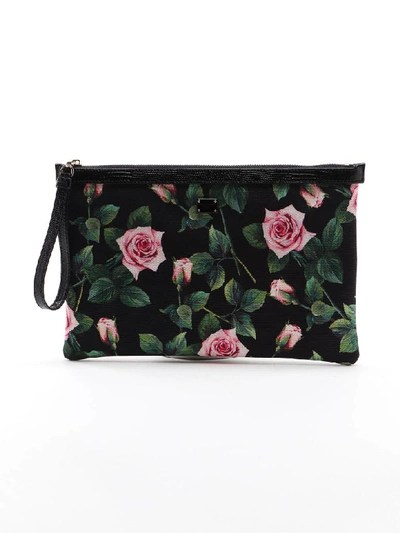 Dolce & Gabbana Rose Print Top Zip Clutch In Black