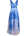MARCHESA NOTTE V-NECK PRINTED ORGANZA GOWN