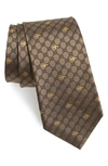 Gucci Gg Bee Silk Tie In Beige Dk Brown