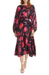Saloni Kim B Boat-neck Belted Floral Long Dress In Noir Carnation Large