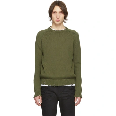 Saint Laurent Khaki Destroyed Knit Jumper In Green