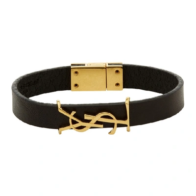 Saint Laurent Black Leather Opyum Bracelet In Black,gold