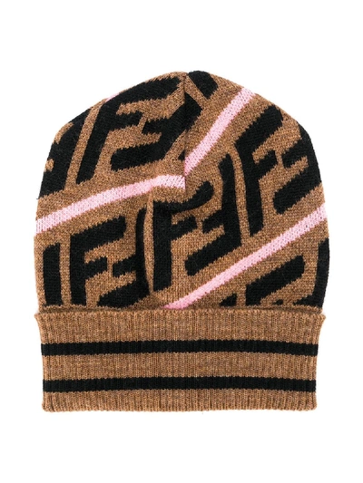 Fendi Babies' Ff Knitted Beanie In Brown