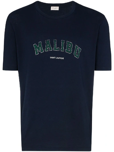 Saint Laurent Logo Malibu Print Cotton Jersey T-shirt In Marine/bianco