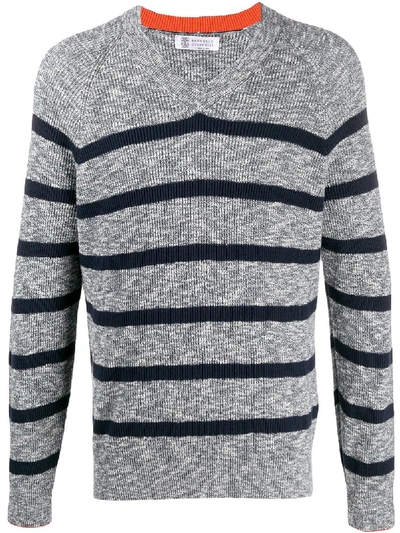 Brunello Cucinelli Striped V-neck Jumper In Blue