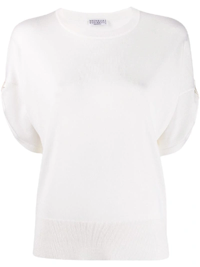 Brunello Cucinelli Brass-embellished Round-neck Blouse In White