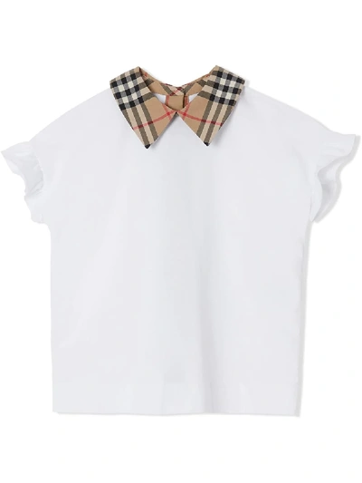 Burberry Teen Vintage Check Detail Ruffled Sleeve Cotton T-shirt In Bianco