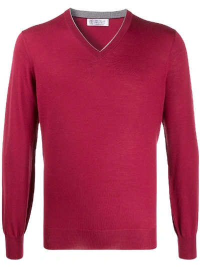 Brunello Cucinelli V-neck Fine Knit Jumper In Red
