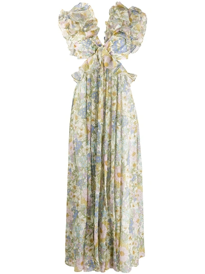 Zimmermann Floral Print Empire Line Gown In Blue