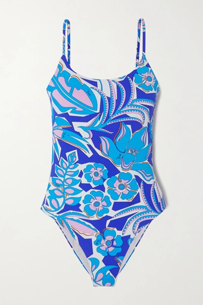Emilio Pucci Samoa Sequin-embellished Belted Floral-print Swimsuit In Azure