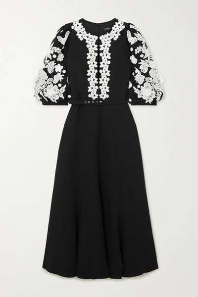 Andrew Gn Belted Lace-embroidered Crepe Midi Dress In Black/white