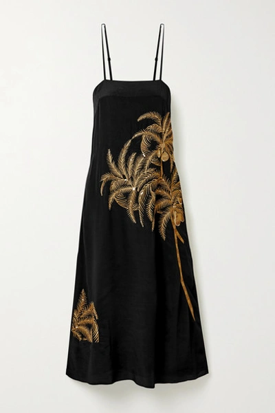 Figue Olatz Embellished Embroidered Crepe De Chine Midi Dress In Black |  ModeSens