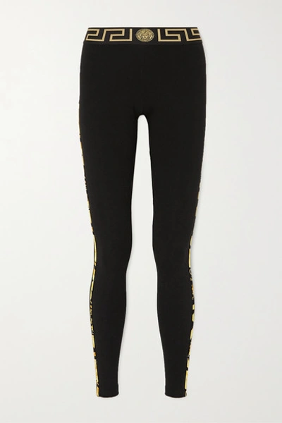 Versace Jacquard-trimmed Stretch-cotton Leggings In Black