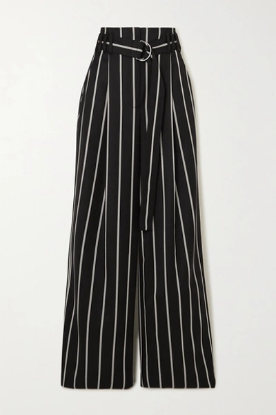 Proenza Schouler Belted Striped Wool-twill Wide-leg Trousers In Black,white