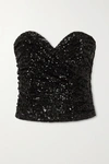 Saint Laurent Ruched Sequined Mesh Bustier Top In Black