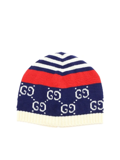 Gucci Gg Blue And Red Cotton Beanie