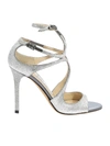 JIMMY CHOO SILVER GLITTERED LANG SANDALS