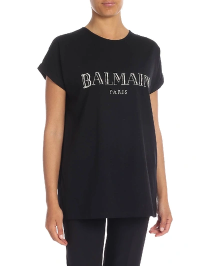 Balmain Black Cotton Buttoned Logo Print T-shirt