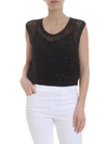 ERMANNO SCERVINO BOXY TOP IN BLACK PERFORATED KNIT WITH RHINESTONES