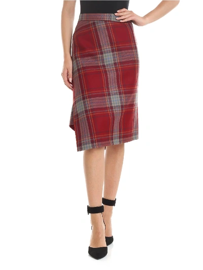 Y's Asymmetrical Check Skirt In Red