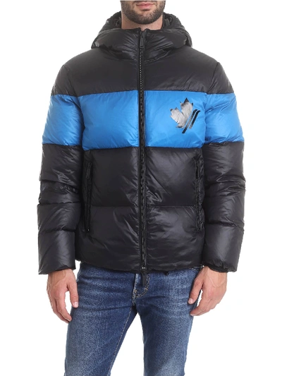 Dsquared2 Down Jacket With Hood In Black And Light Blue